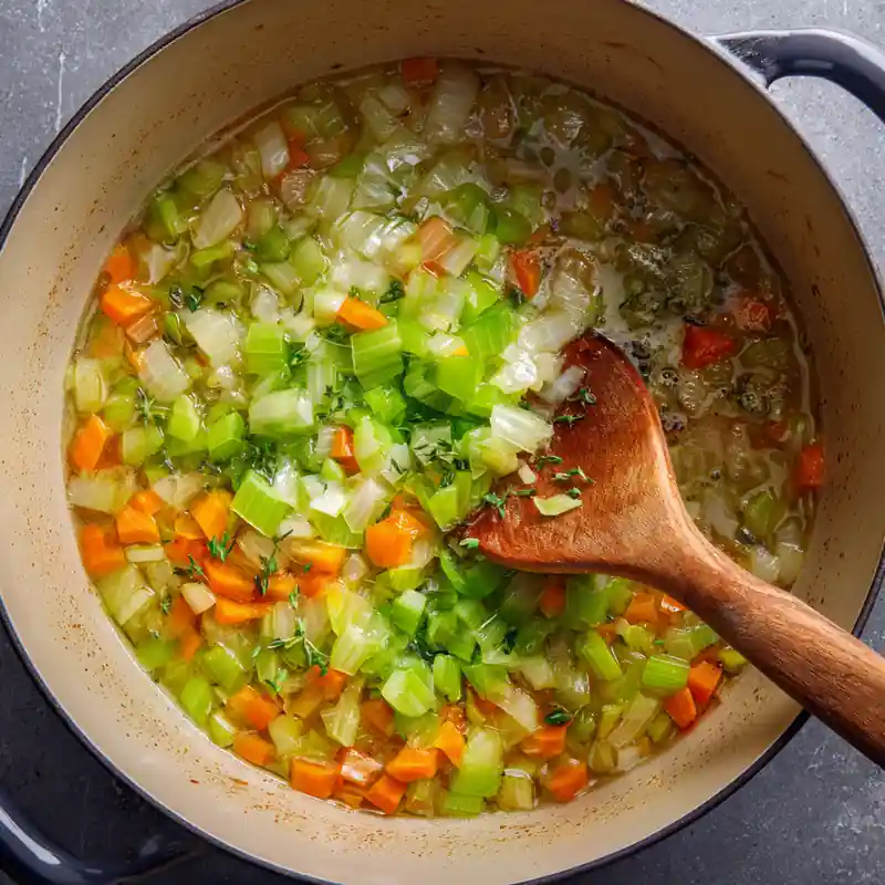 sautéing vegetables for butternut squash soup in pot with steam