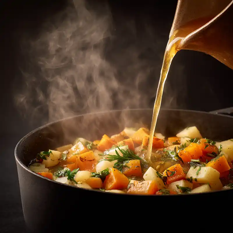 pouring broth into pot to simmer butternut squash soup