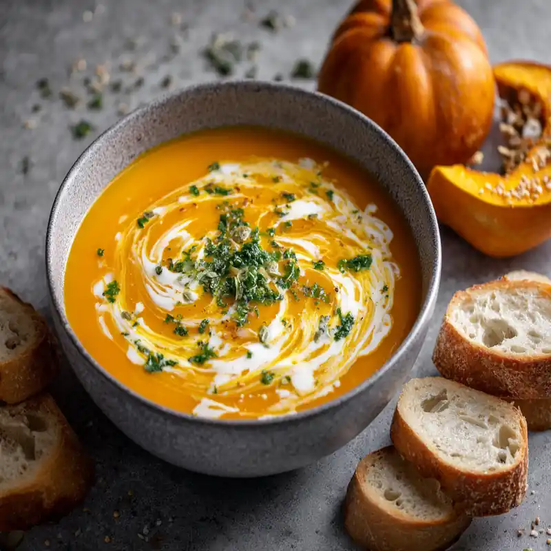 “Creamy Pumpkin Soup Recipe in a ceramic bowl with pepitas and yogurt swirl.