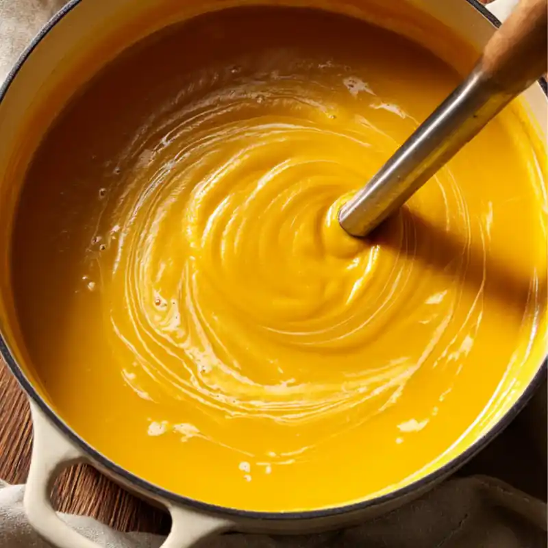 Immersion blender pureeing a golden-yellow pumpkin soup to a silky finish in a Dutch oven