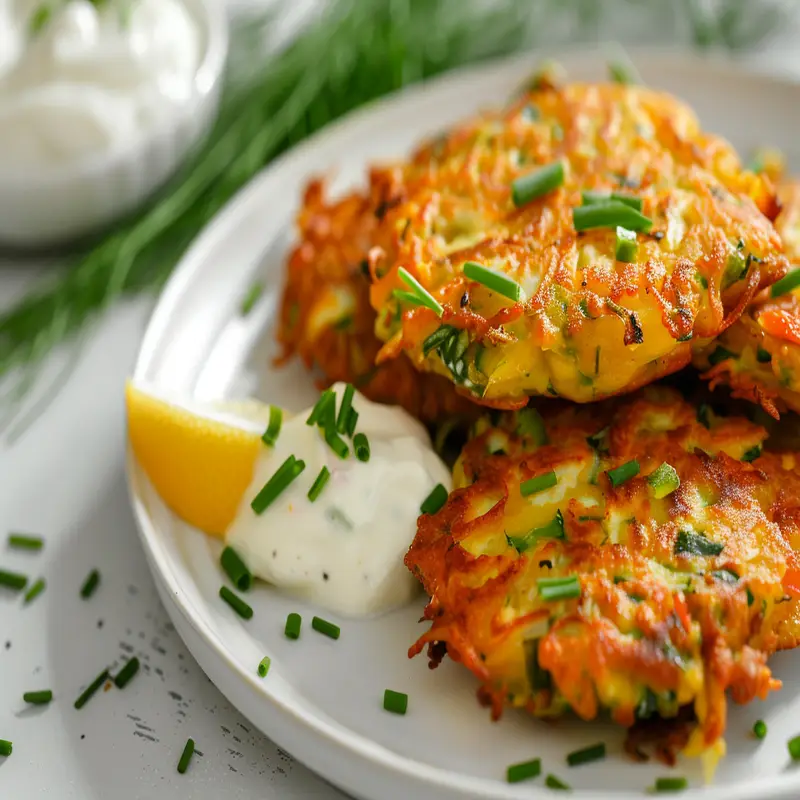 Crispy veggie fritters served with yogurt and fresh herbs on a white plate.