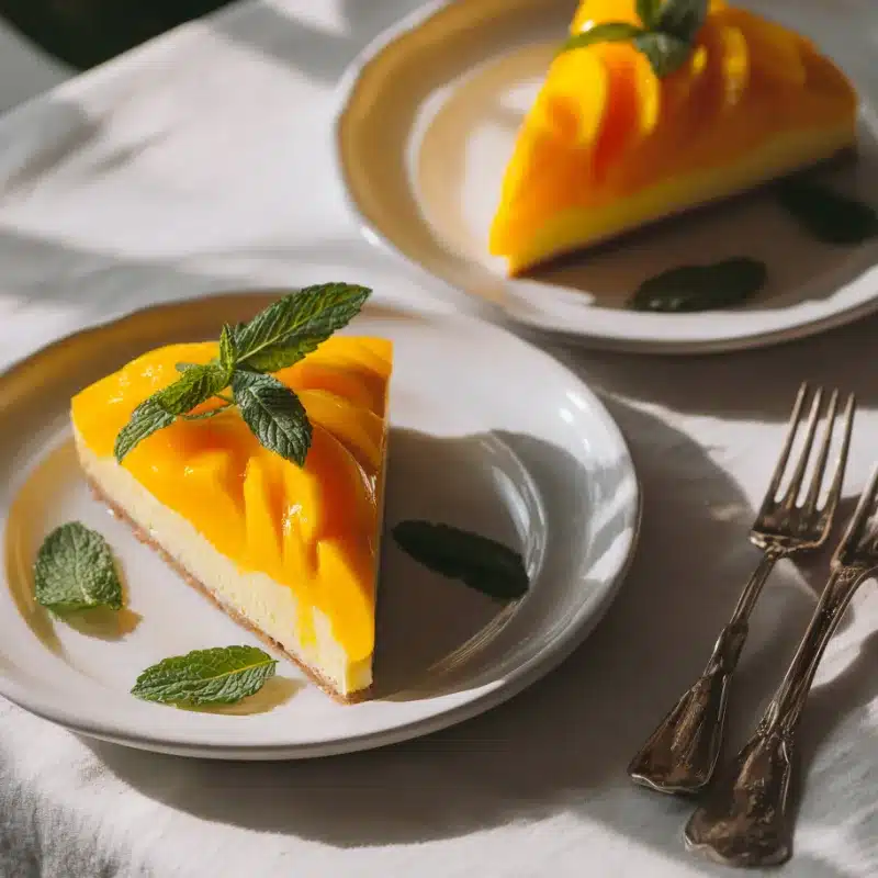 slice of no-bake mango cheesecake with fresh mango topping and mint garnish