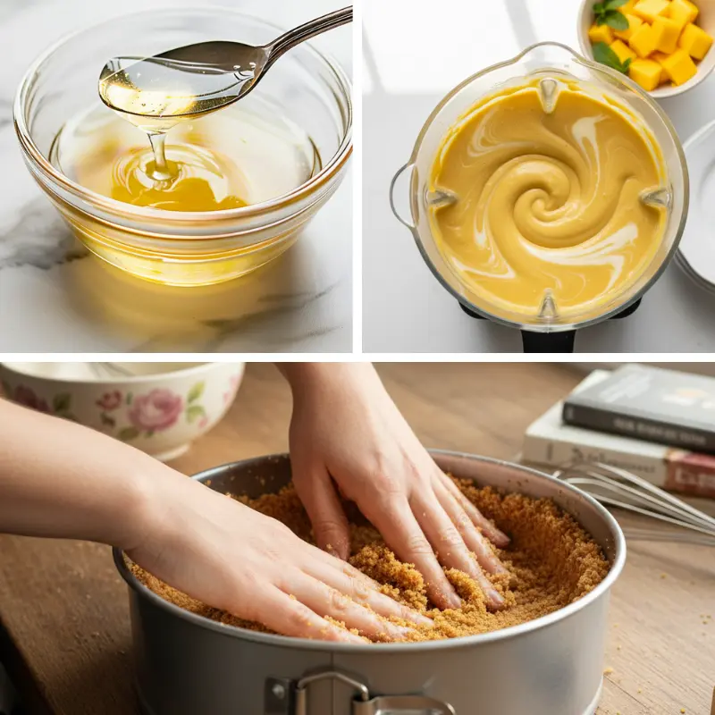 making no-bake mango cheesecake with honey, blended filling, and graham crust preparation