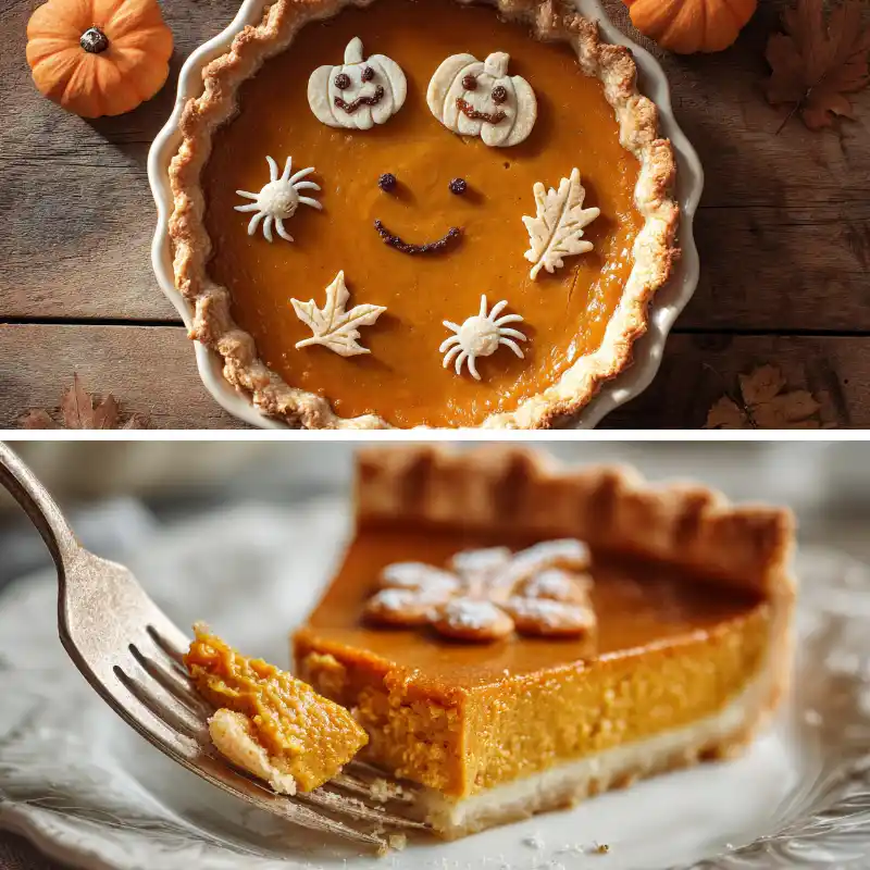 Pumpkin pie recipe final serving, showing smooth texture and flaky crust in a cozy autumn setting.