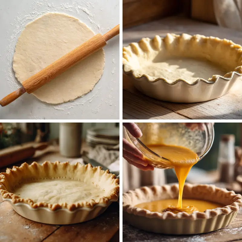step-by-step pie crust and pumpkin filling preparation, rolled dough to filling pour