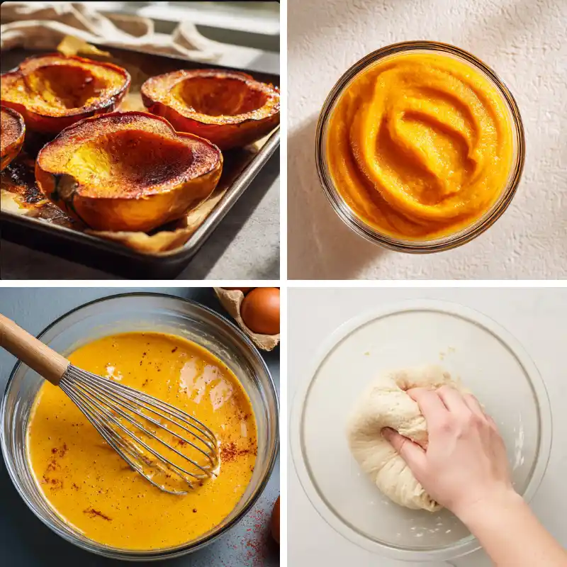  roasted pumpkin, puréed and mixed with spices, showing step-by-step soup preparation