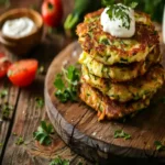 : stack of crispy zucchini fritters with sour cream and parsley on rustic wooden board