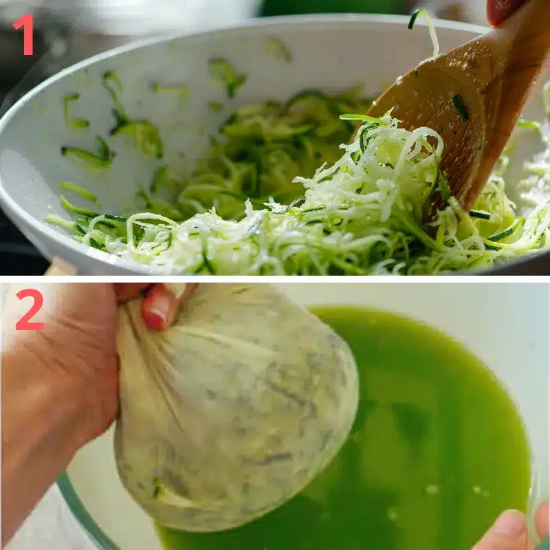 Alt Text: preparing zucchini fritters by grating and squeezing out excess moisture