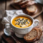 Creamy carrot soup served in a white cup with toasted pumpkin seeds and coconut cream swirl.