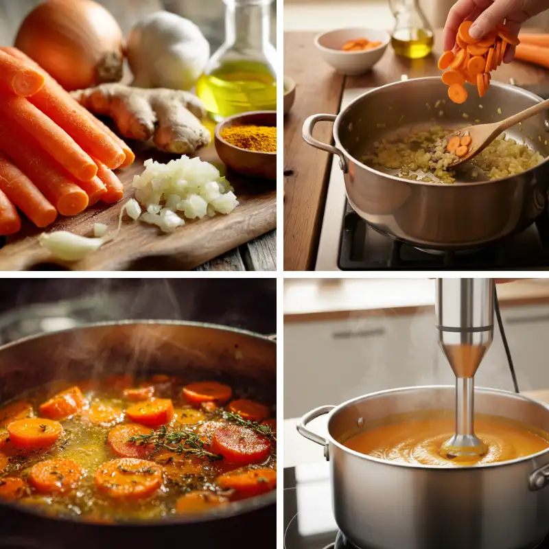 Close-up of fresh carrots, onion, garlic, and ginger for creamy carrot soup.