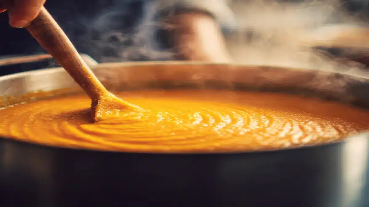 Blending creamy carrot soup in an elegant pot until smooth.