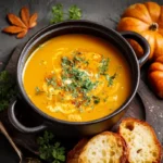 creamy pumpkin soup in a black bowl with herbs and crusty bread, cozy autumn background
