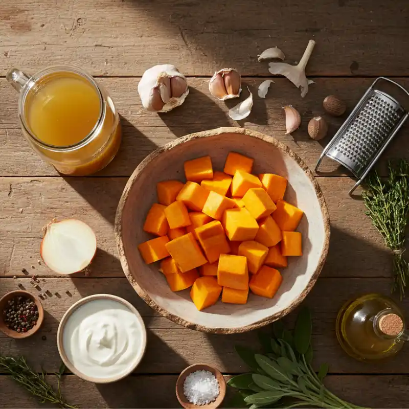 Ingredients for creamy pumpkin soup — fresh pumpkin, Greek yogurt, garlic, onion, olive oil, and spices.