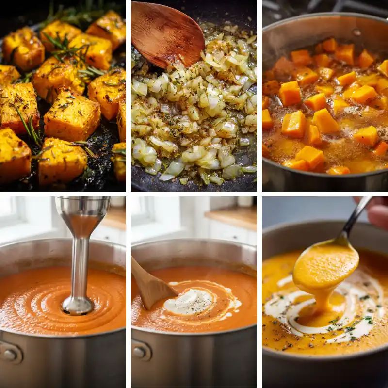 step-by-step process of making creamy pumpkin soup with roasted pumpkin, sautéed onion, Greek yogurt, and warm spices
