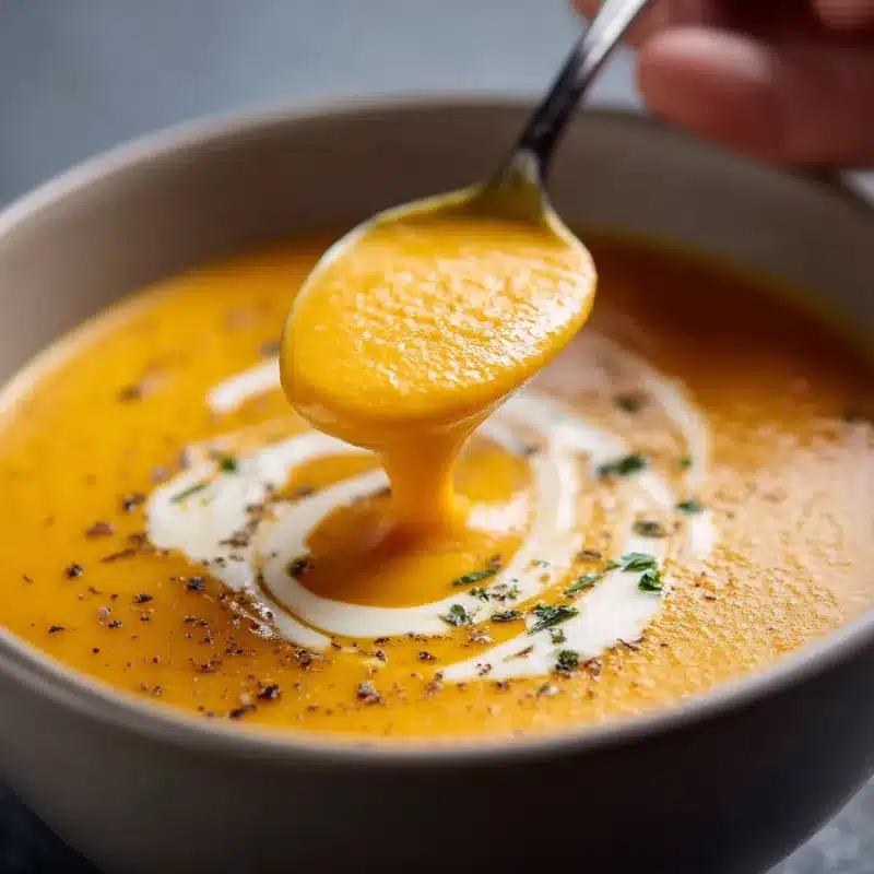close-up of creamy pumpkin soup in a bowl with yogurt swirls and herbs on top