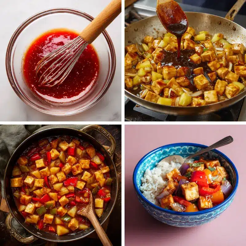 step-by-step collage of sweet & sour tofu with pineapple cooking process