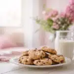 Chocolate chip cookies with pink salt on a white plate, served with milk and soft pink floral decor
