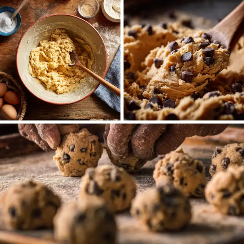 Collage showing cookie dough mixing, chocolate chips being folded in, and hands forming dough balls