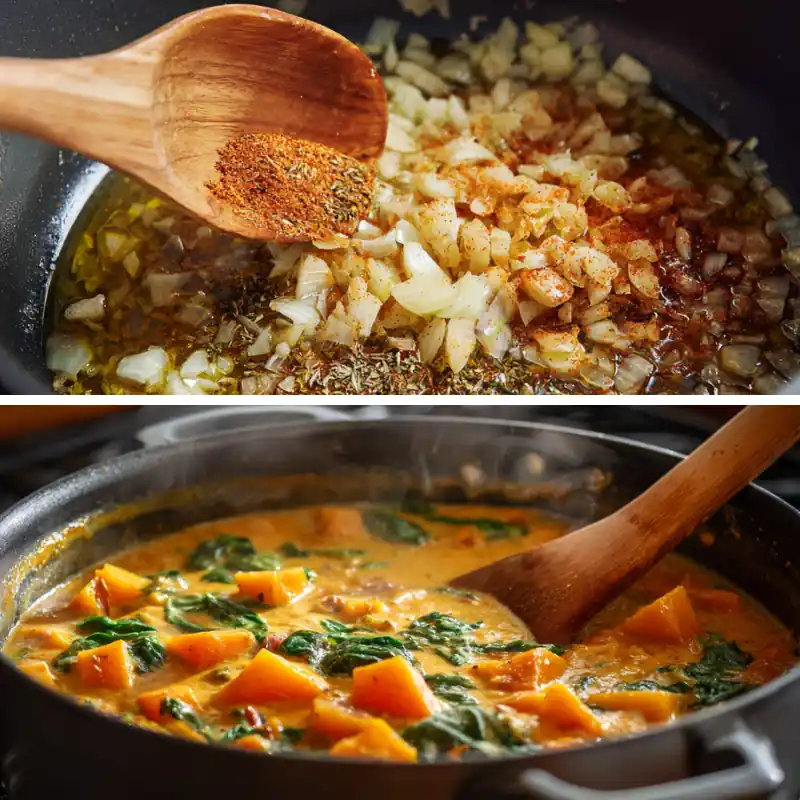 Pumpkin coconut curry simmering in a pot with chunks of pumpkin and spinach.