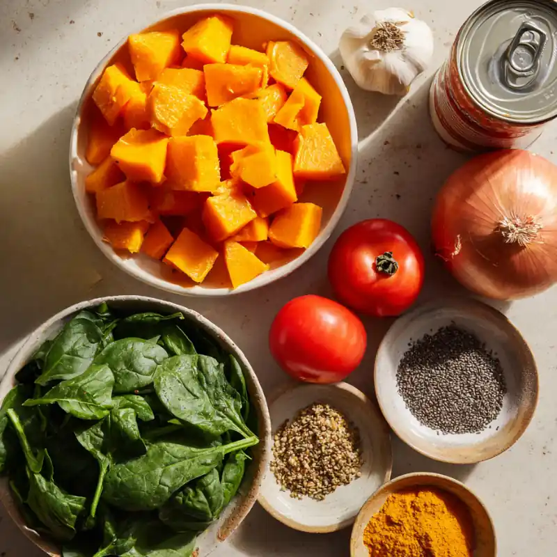 Flat lay of pumpkin, coconut milk, spices, spinach, garlic, onion, ginger, and poppy seeds for pumpkin coconut curry.