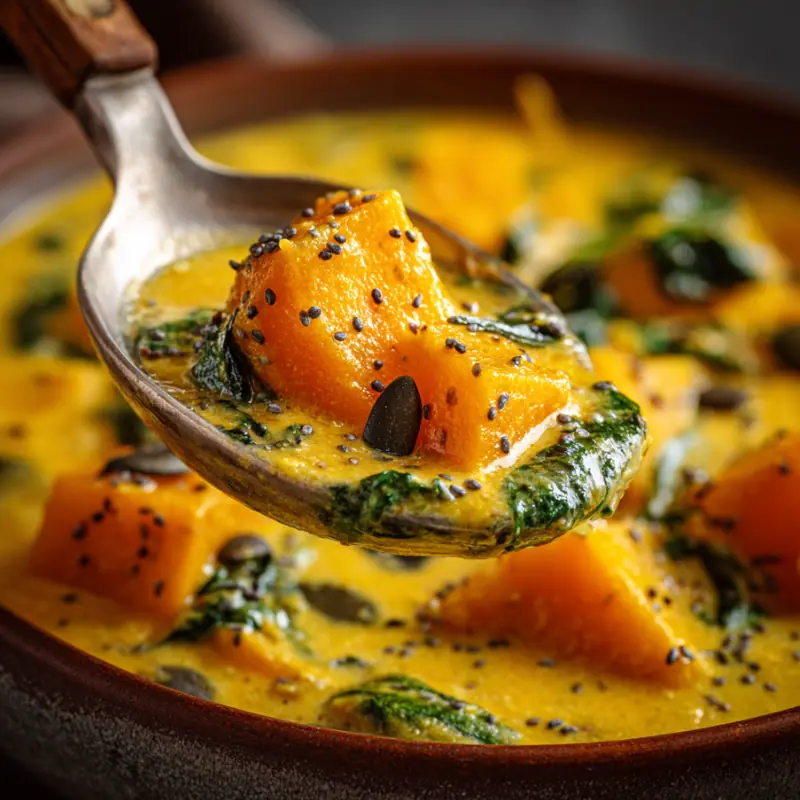 Close-up spoonful of pumpkin coconut curry showing creamy texture, pumpkin cubes, and poppy seeds.