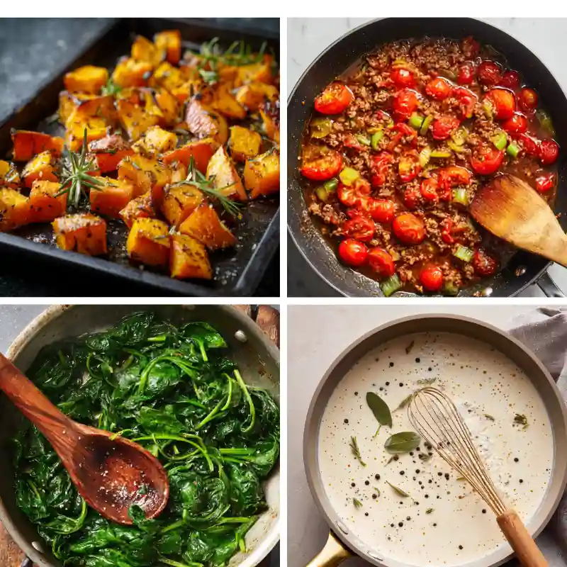 Roasted pumpkin spinach lasagna ingredients — roasted pumpkin cubes, spinach, tomato sauce, and creamy béchamel preparation.