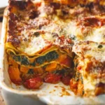 roasted pumpkin spinach lasagna baked until golden and bubbling, layered with creamy sauce, spinach, and roasted pumpkin, healthy vegetarian comfort food