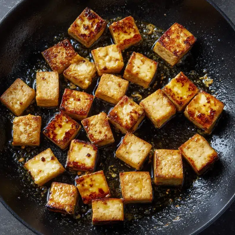 Golden tofu browning in a skillet